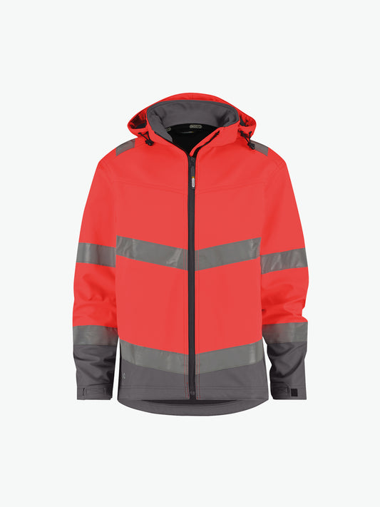 Dassy Malaga Hogezichtbaarheidssoftshelljas - Fluorood/Cementgrijs Werkjas Softshell HiVis Dassy