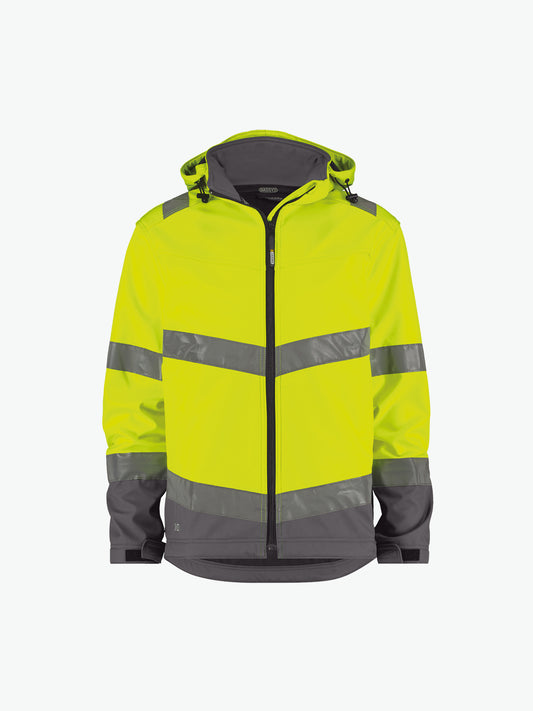 Dassy Malaga Hogezichtbaarheidssoftshelljas - Fluogeel/Cementgrijs Werkjas Softshell HiVis Dassy