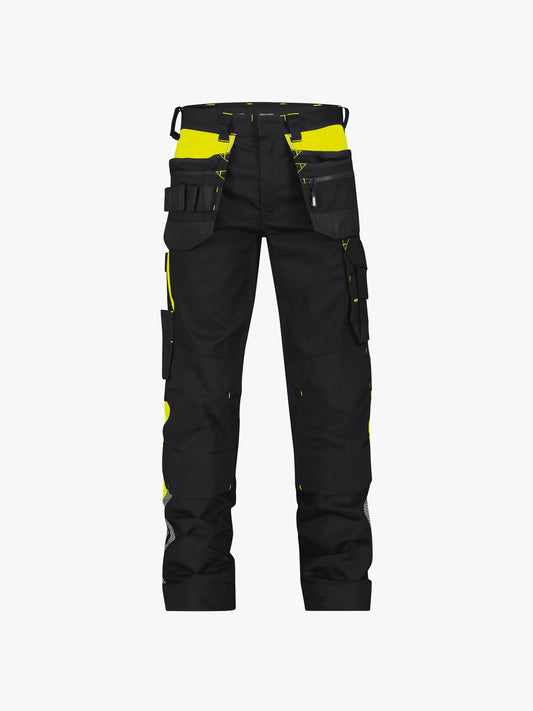 Dassy Shanghai Holsterzakkenbroek met stretch en kniezakken - Zwart/Fluogeel Werkbroek Dassy