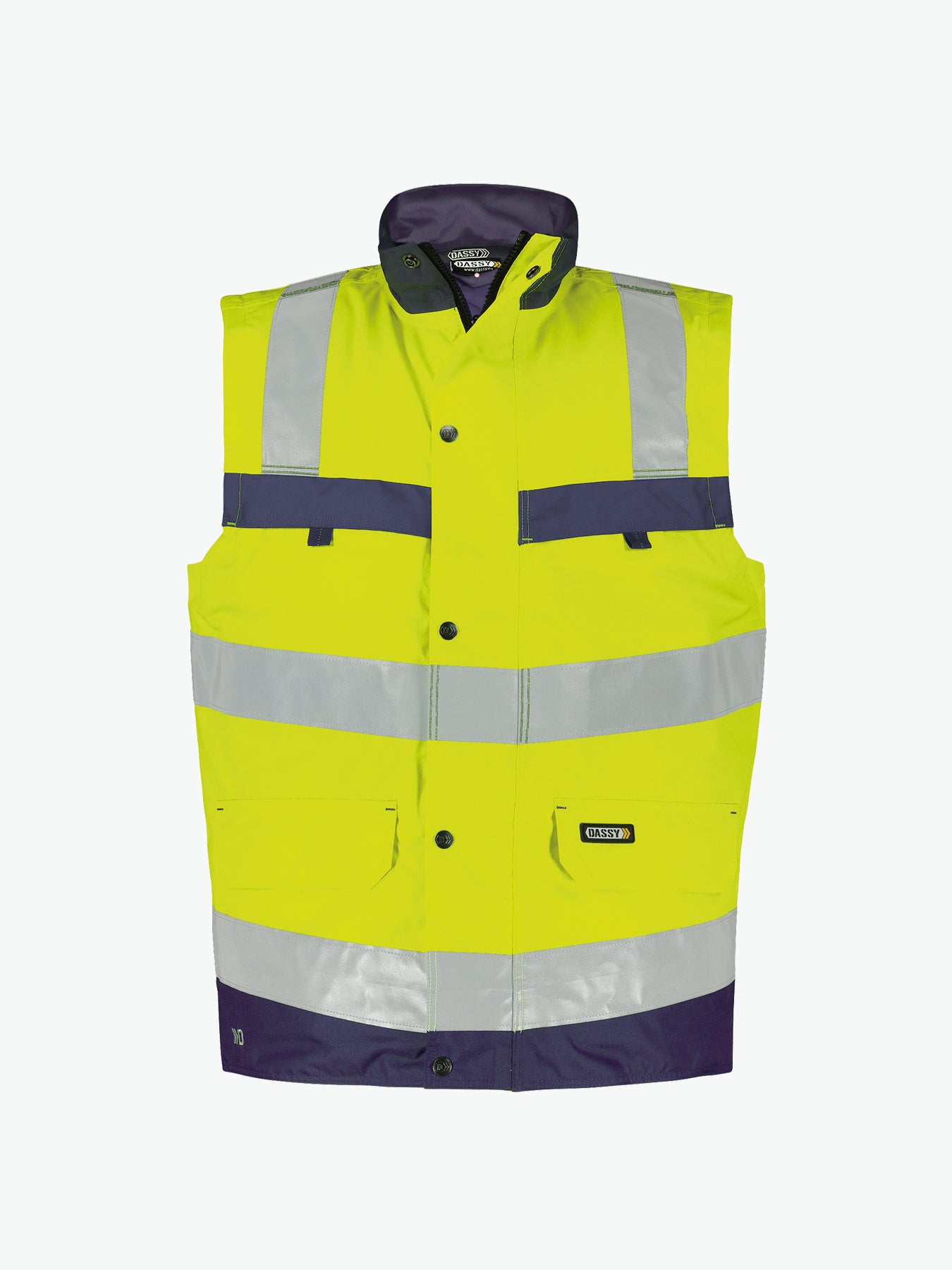 Dassy Bilbao Hogezichtbaarheidsbodywarmer - Fluogeel/Marineblauw Werkvest HiVis Dassy