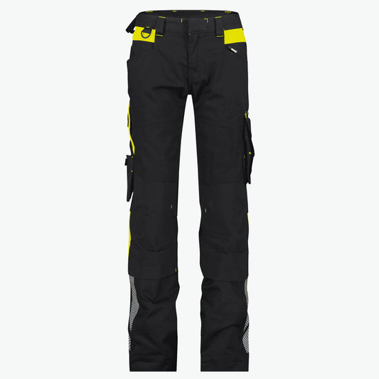 Dassy Canton Women Werkbroek met stretch en kniezakken voor dames - Zwart/Fluogeel Werkbroek Dames Dassy