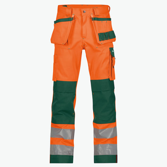 Dassy Glasgow Hogezichtbaarheidsholsterzakkenbroek met kniezakken - Fluo-Oranje/Flessengroen Werkbroek HiVis Dassy