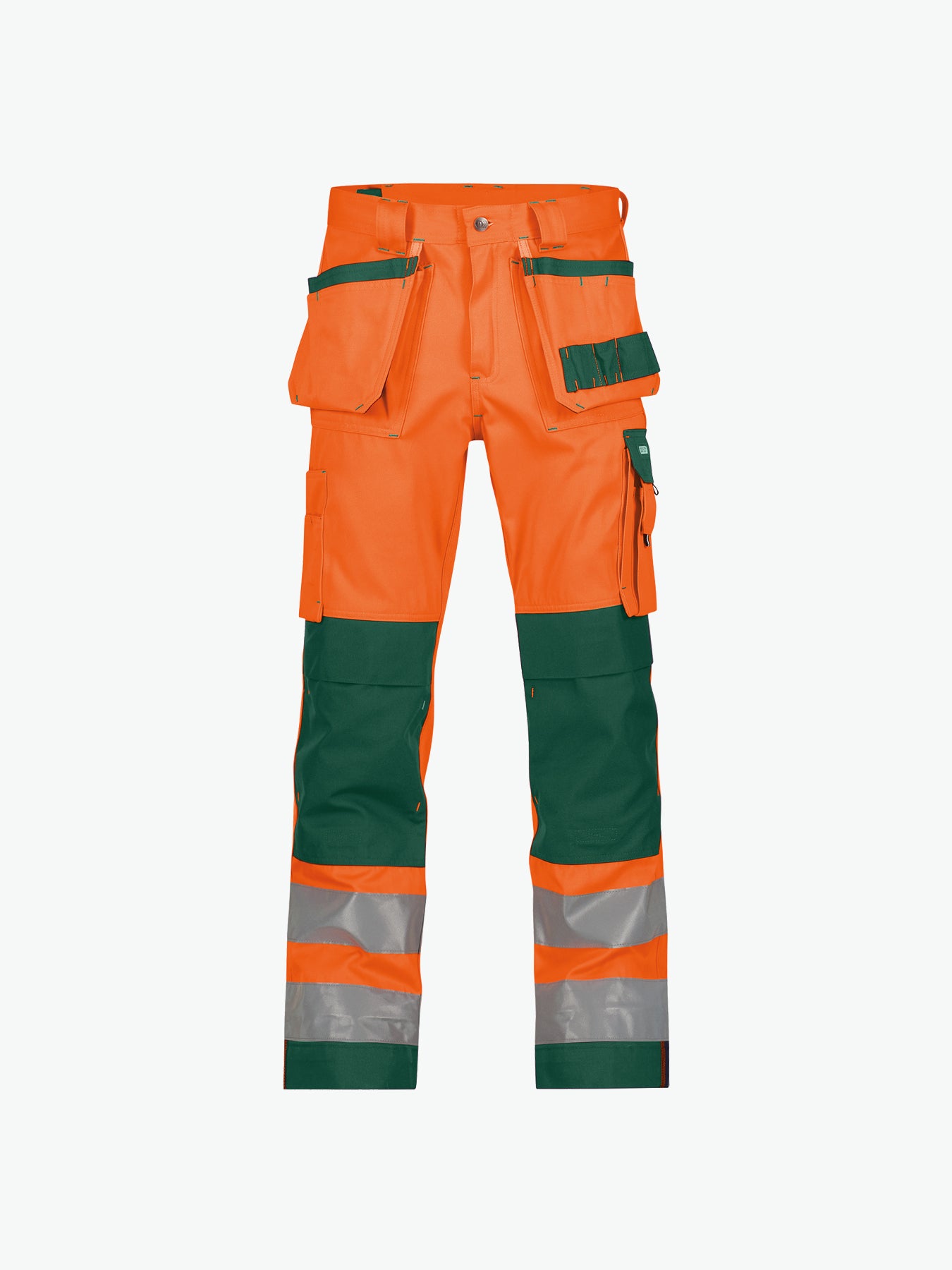 Dassy Glasgow Hogezichtbaarheidsholsterzakkenbroek met kniezakken - Fluo-Oranje/Flessengroen Werkbroek HiVis Dassy