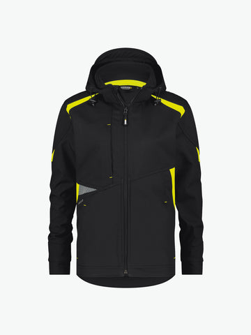 Dassy Kalama Women Softshelljas voor dames - Zwart/Fluogeel Werkjas Softshell Dames Dassy