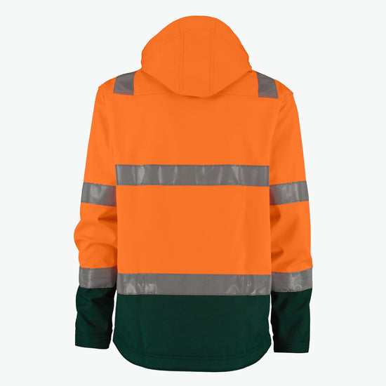 Dassy Malaga Hogezichtbaarheidssoftshelljas - Fluo-Oranje/Flessengroen Werkjas Softshell HiVis Dassy