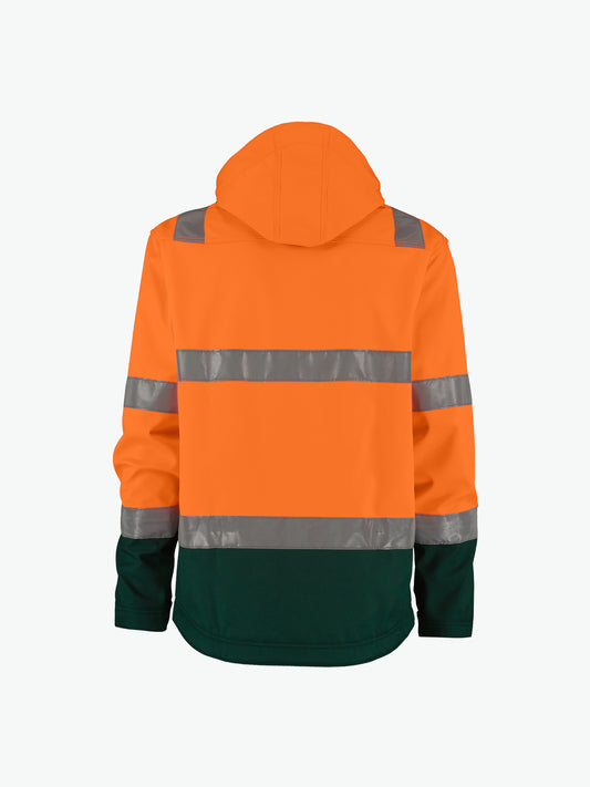 Dassy Malaga Hogezichtbaarheidssoftshelljas - Fluo-Oranje/Flessengroen Werkjas Softshell HiVis Dassy