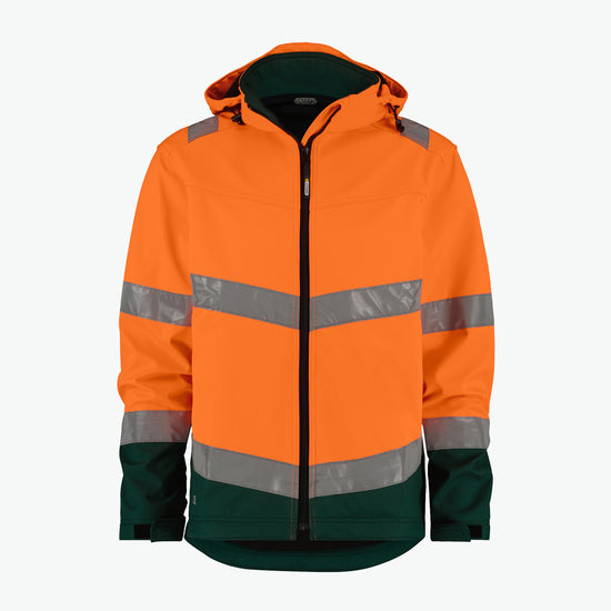 Dassy Malaga Hogezichtbaarheidssoftshelljas - Fluo-Oranje/Flessengroen Werkjas Softshell HiVis Dassy