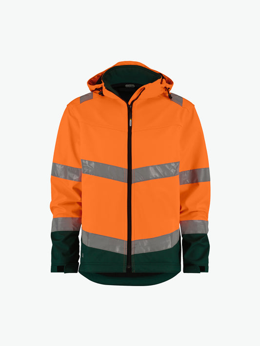 Dassy Malaga Hogezichtbaarheidssoftshelljas - Fluo-Oranje/Flessengroen Werkjas Softshell HiVis Dassy