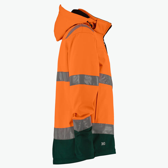 Dassy Malaga Hogezichtbaarheidssoftshelljas - Fluo-Oranje/Flessengroen Werkjas Softshell HiVis Dassy