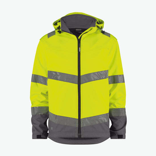 Dassy Malaga Hogezichtbaarheidssoftshelljas - Fluogeel/Cementgrijs Werkjas Softshell HiVis Dassy