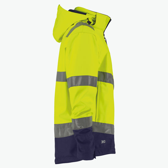 Dassy Malaga Hogezichtbaarheidssoftshelljas - Fluogeel/Marineblauw Werkjas Softshell HiVis Dassy
