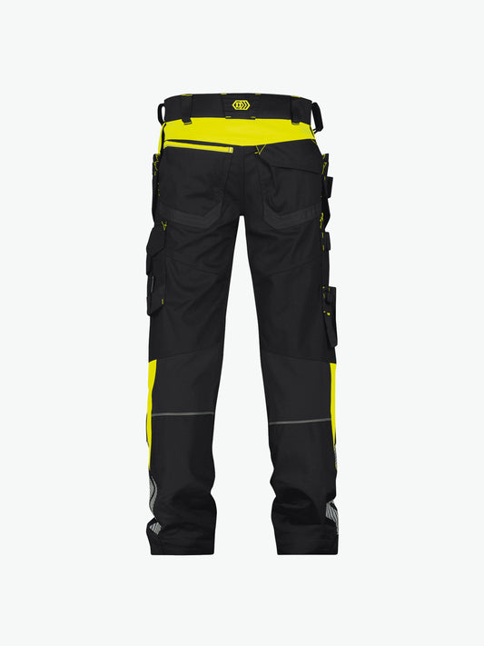 Dassy Shanghai Holsterzakkenbroek met stretch en kniezakken - Zwart/Fluogeel Werkbroek Dassy