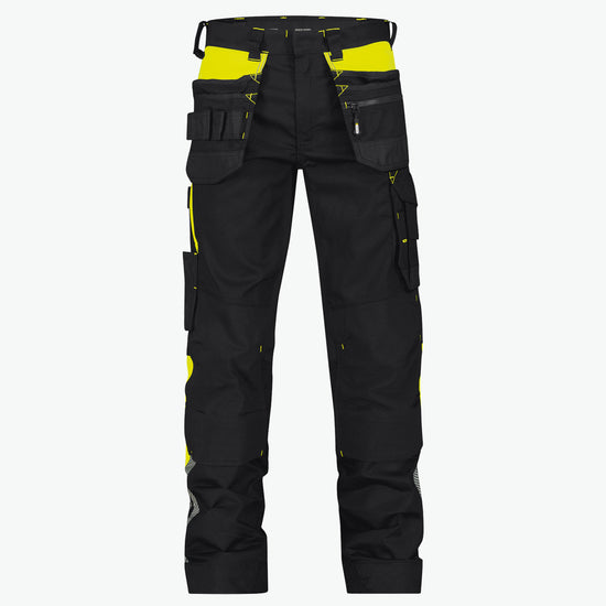 Dassy Shanghai Holsterzakkenbroek met stretch en kniezakken - Zwart/Fluogeel Werkbroek Dassy