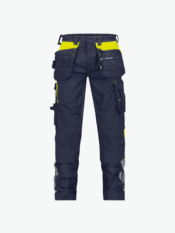 Dassy Shanghai Holsterzakkenbroek met stretch en kniezakken - Nachtblauw/Fluogeel Werkbroek Dassy