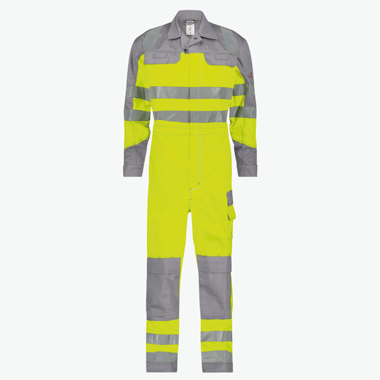Dassy Spencer Multinorm hogezichtbaarheidsoverall met kniezakken - Fluogeel/Grafietgrijs Werkbroek HiVis Dassy