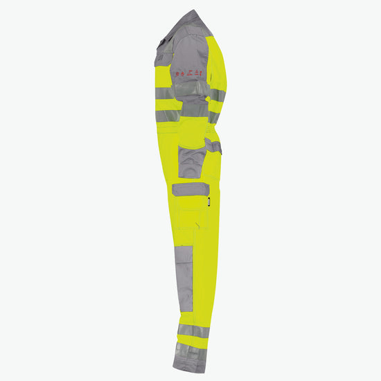 Dassy Spencer Multinorm hogezichtbaarheidsoverall met kniezakken - Fluogeel/Grafietgrijs Werkbroek HiVis Dassy